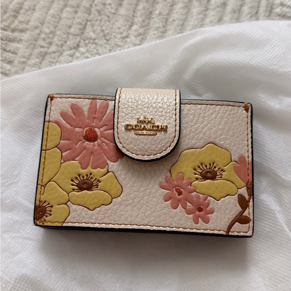 Coach Cream Card Holder with Pink and Yellow Floral Design
